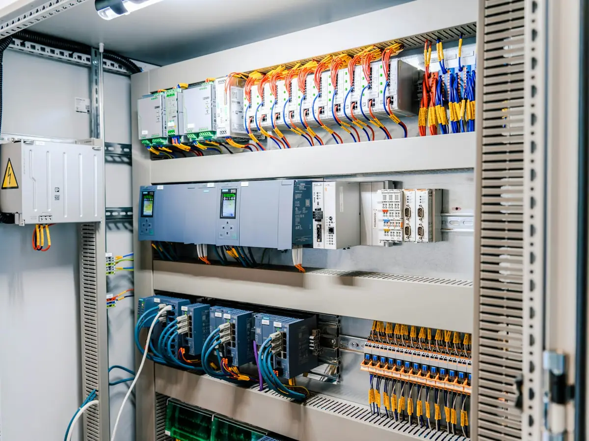Wnętrze szafy sterowniczej z modułami automatyki i okablowaniem